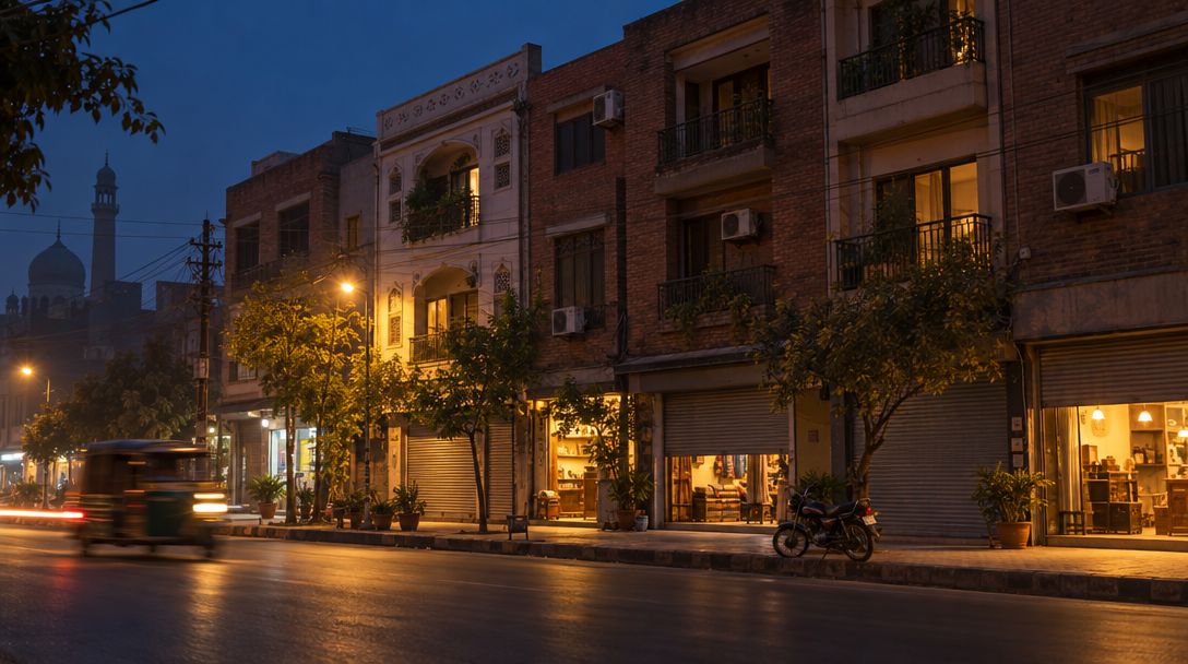 A Lahore main road at dusk, shops with shutters half raised and flats above