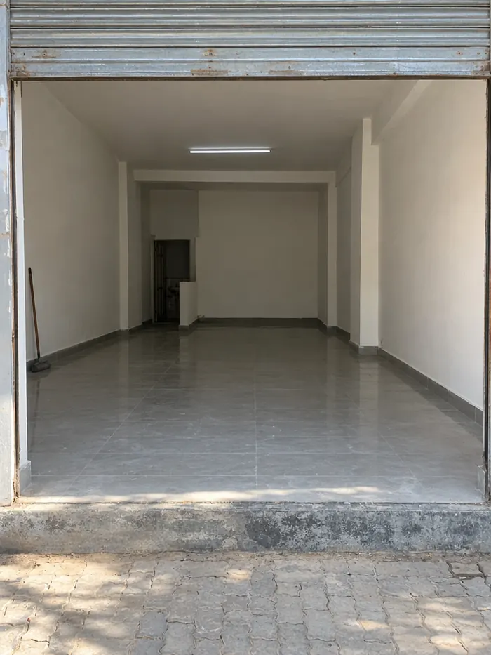 An empty ground-floor shop with its shutter raised